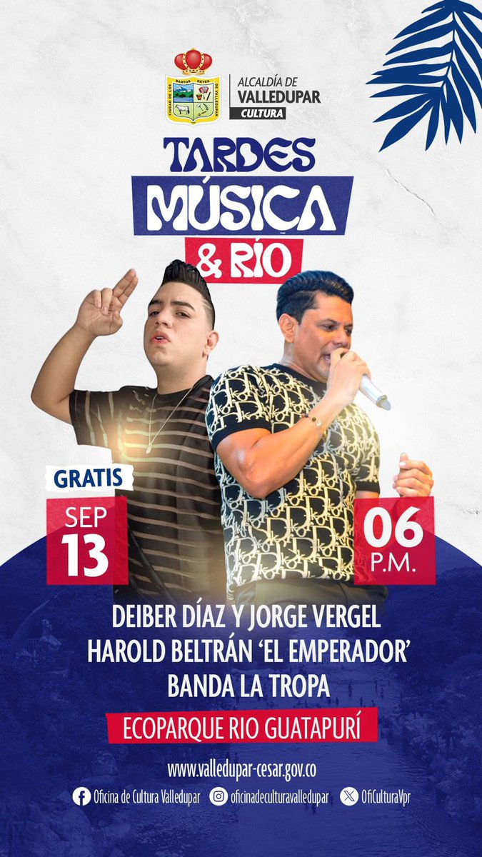 #AgéndateConLaCultura | Tardes, música y río regresa al Eco parque río Guatapurí.

Deiber Díaz, Harold Beltrán y la Banda La Tropa serán quienes deleiten con buena música el próximo sábado 13 de septiembre a partir de las 6 P.M.

¡Los esperamos!