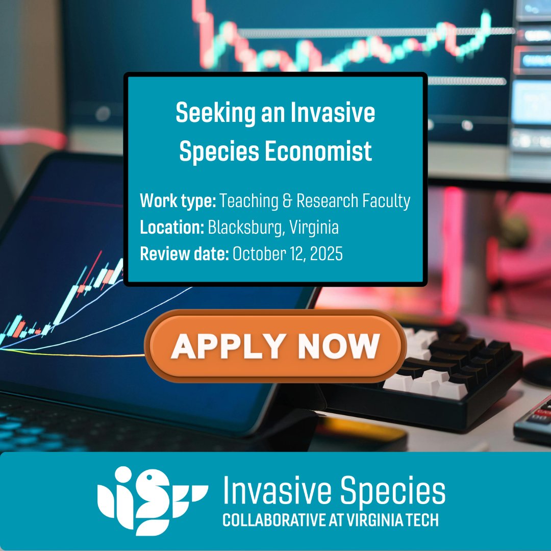 📢 @VirginiaTech is hiring! 📢 Please reshare and promote!  We are seeking an economist for a research &amp; teaching position at the Assistant, Associate, or Full Professor level in applied economics with a focus on #invasive species

More info &amp; to apply ➡️ tinyurl.com/2tacyzbj