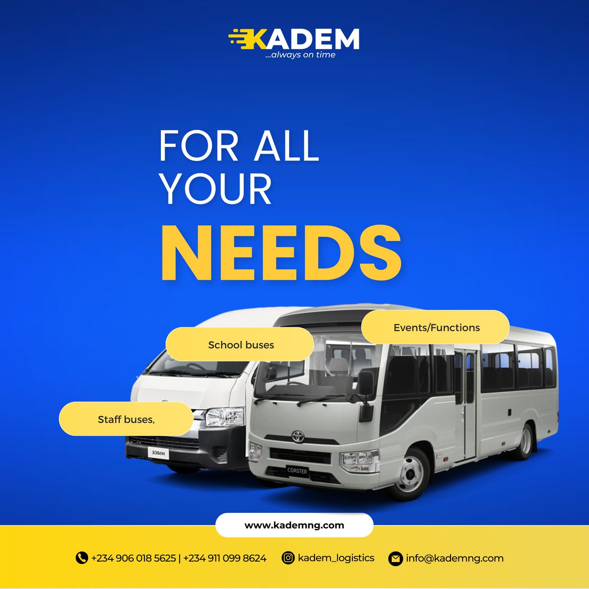 kademlogistics's tweet photo. From weekend parties to seminars and corporate trips, KADEM has you covered with reliable and stylish transportation solutions. 🚐✨

#KademLogistics #CorporateTravel #EventTransportation #ReliableService #TravelWithEase #LogisticsSolutions #NigeriaBusiness https://t.co/1Q4anuL0DT
