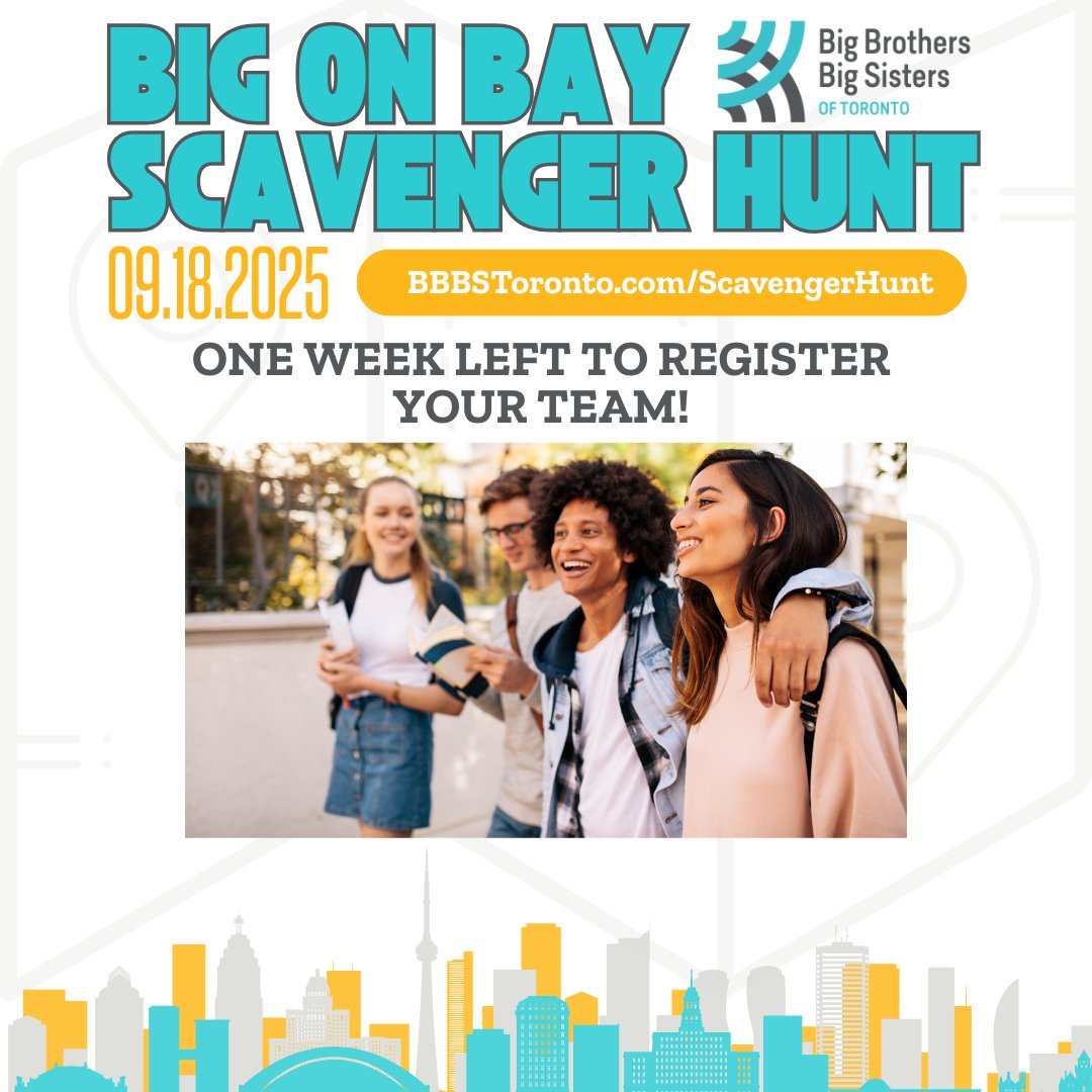 ⏰There’s only one week to go! The Big on Bay Scavenger Hunt starts next Thursday, September 18 at Nathan Phillips Square!

Don’t miss your chance to register your team for a memorable evening of fun, challenges, and supporting youth mentorship in Toronto: BBBSToronto.com/ScavengerHunt
