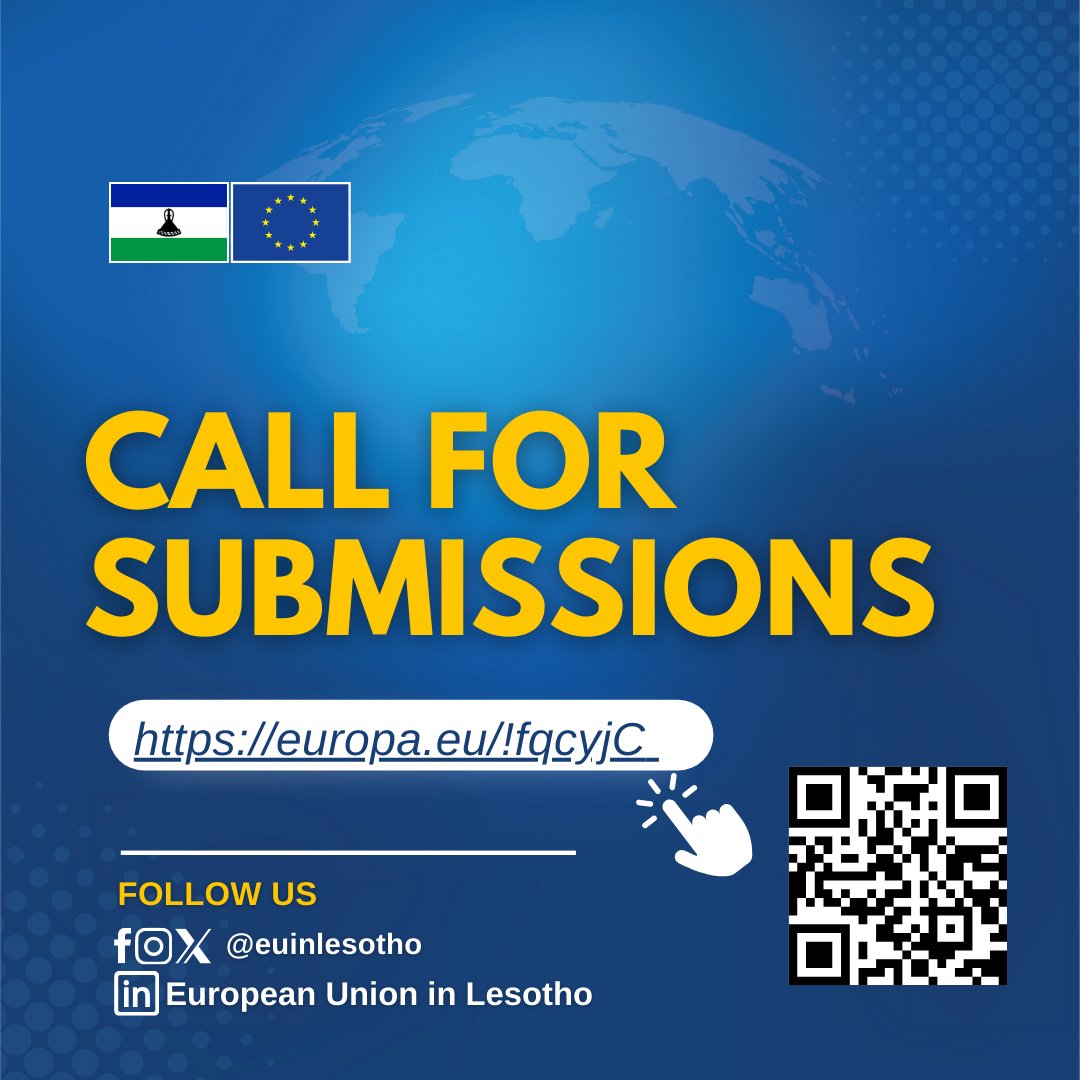 📣 CALL FOR SUBMISSIONS

The #EUinLesotho is conducting a mapping exercise to enhance the effectiveness &amp; impact of its engagement with #CivilSociety in #Lesotho 🇱🇸

We seek profiles from CSO focused on #GoodGovernance, #greeneconomy &amp; more.

See details👉 europa.eu/!fqcyjC