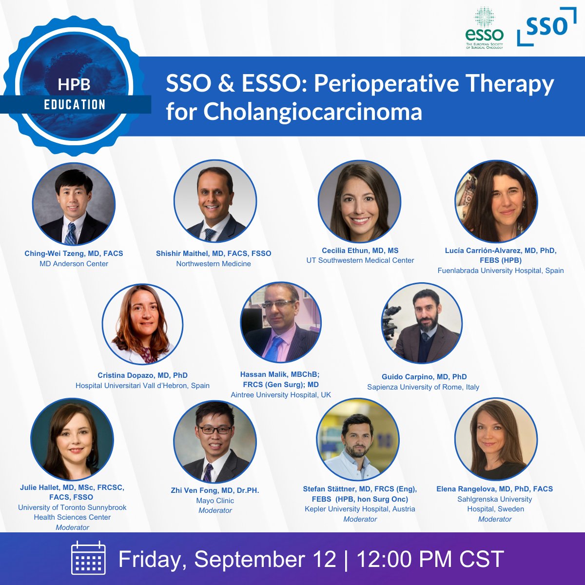 SocSurgOnc's tweet photo. The SSO &amp; ESSO Collaboration Webinar: Perioperative Therapy for Cholangiocarcinoma is taking place tomorrow, Friday, September 12 at 12 PM CST.

Global experts will lead a dynamic, case-based discussion on modern multimodality management.

Register now: https://t.co/7ZJVE82wMr https://t.co/apFRXmDDKV