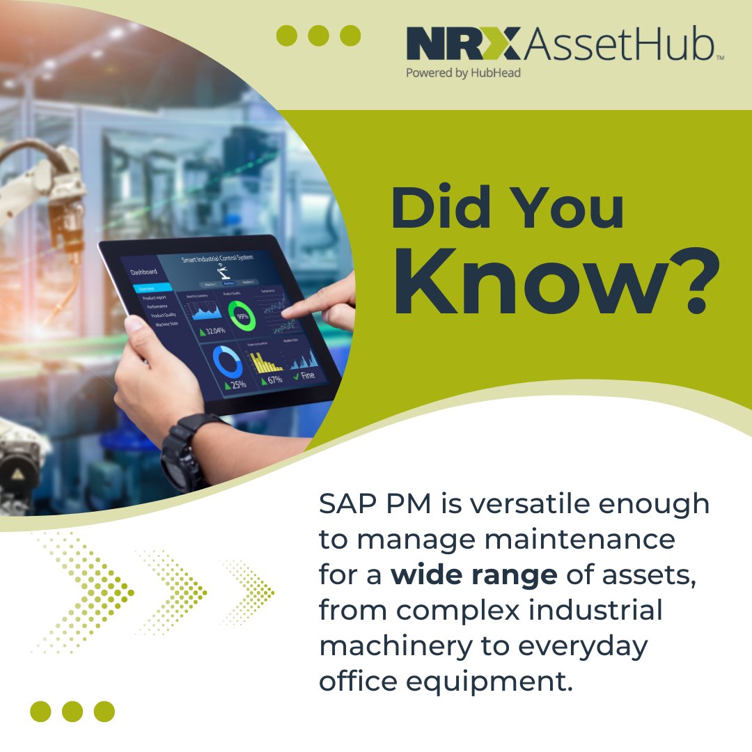NRXAssetHub's tweet image. Did you know? SAP PM can manage maintenance for everything from complex industrial machinery to everyday office equipment. #FactOfTheWeek #DataSeer
