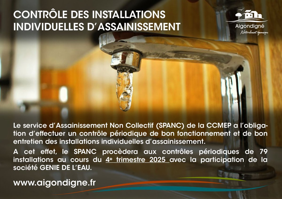 Le service d’Assainissement Non Collectif de la CCMEP a l’obligation d’effectuer un contrôle périodique des installations individuelles d’assainissement. Le SPANC procèdera aux contrôles de 79 installations au cours du 4e trimestre 2025 avec la société GENIE DE L’EAU
