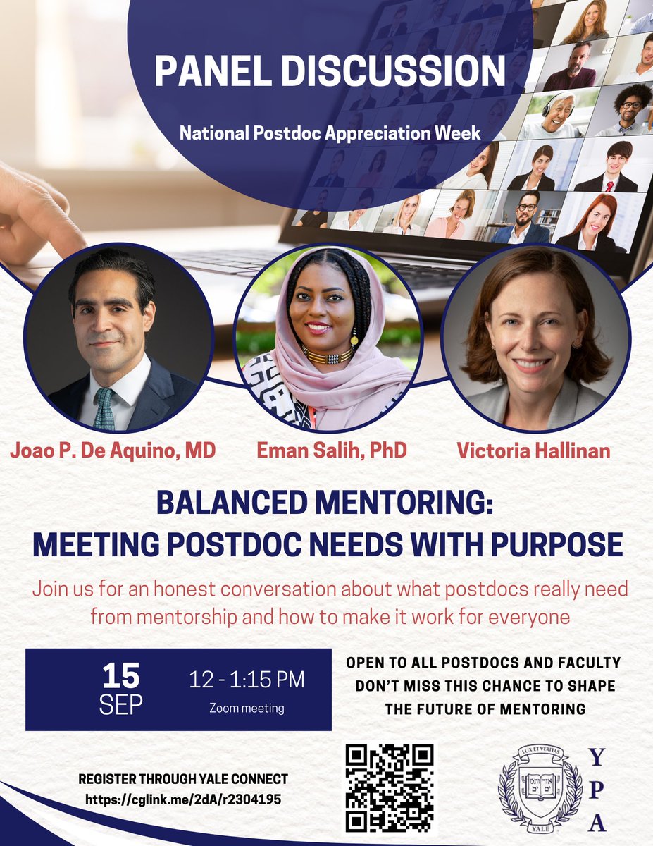 YalePostdocAsso's tweet photo. For #NPAW2025, the YPA Mentorship Committee has organized an excellent discussion (virtual) on Balanced Mentoring. Tune in! ✨ register: https://t.co/aQbPzDchgP https://t.co/GRf1LK0ias