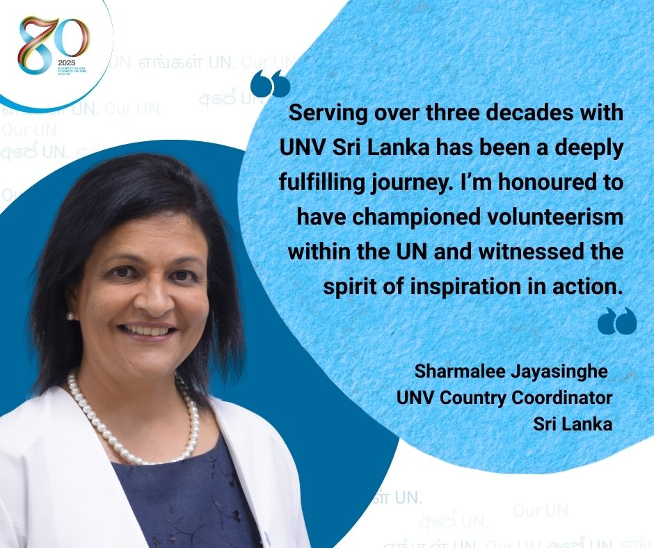For 30+ years, Sharmalee Jayasinghe has been at <a href="/UNVSriLanka/">UNV Sri Lanka</a>, working with inspiring volunteers &amp; mentoring future leaders of the #UN.

As we mark 80 years of the UN globally &amp; 70 yrs of 🇱🇰 in the UN, we spotlight those who turn passion into purpose.

Our UN. අපේ UN. எங்கள் UN.