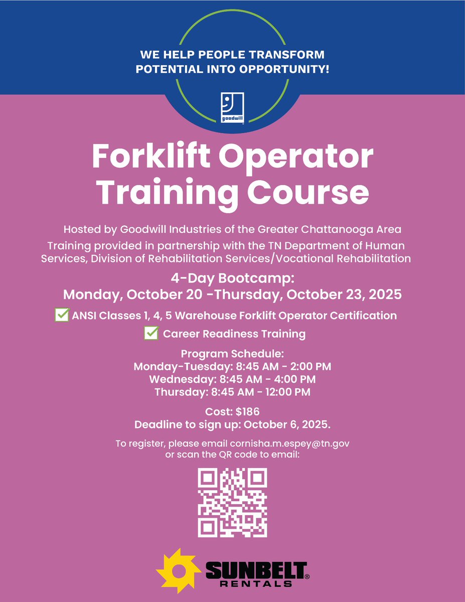Goodwill will be hosting a forklift operator training course from Monday, October 20-Thursday, October 23.

For more information or to register for the course, please contact:
Cornisha Espey
(423) 634-2935
cornisha.m.espey@tn.gov

#GoodwillChatt