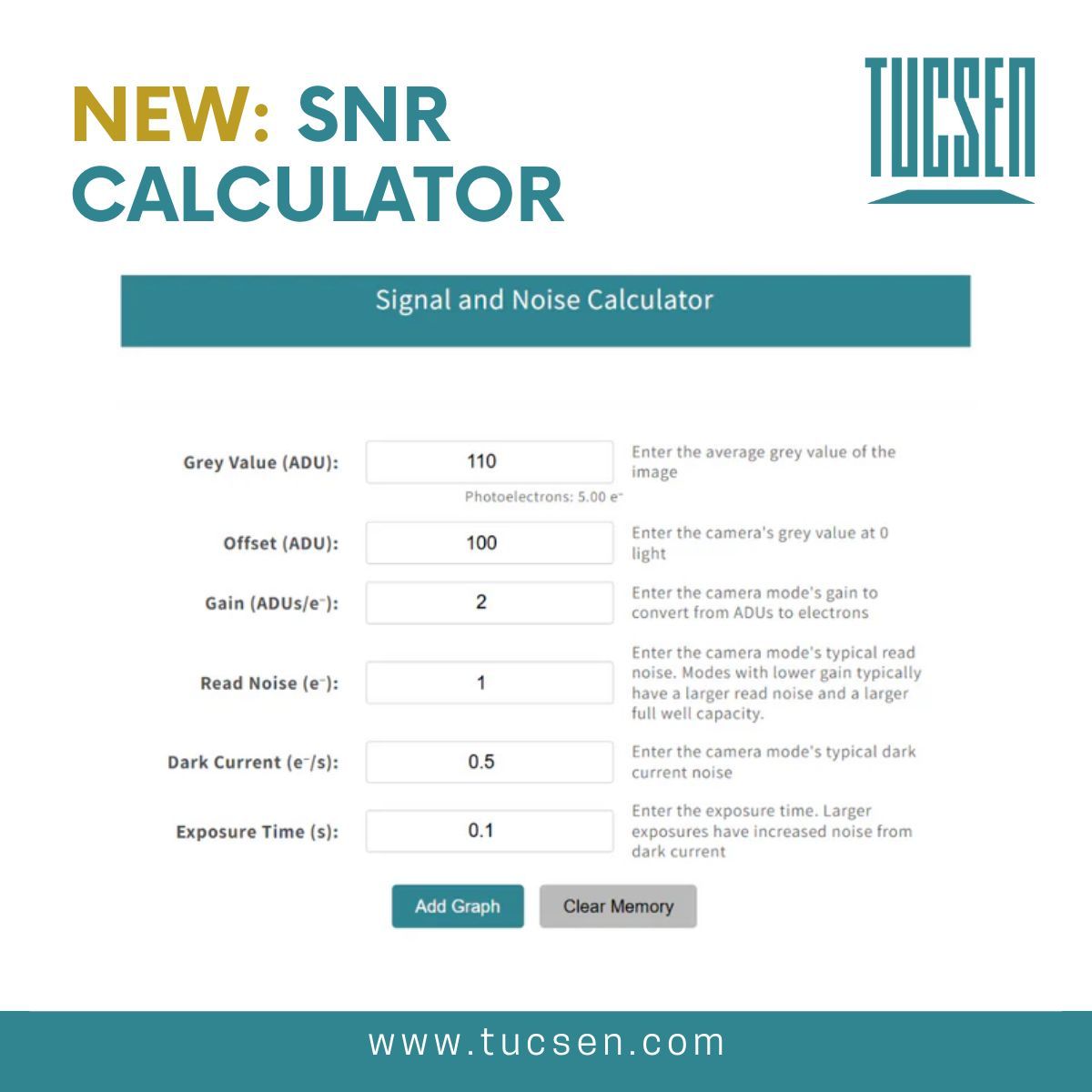 tucsen's tweet photo. Our new SNR calculator allows you to enter camera parameters and model the signal, noise and signal to noise. It also allows you to keep plotting the results so you can compare different signals or modes or even different cameras. 

Try it out here: https://t.co/Ee4CvIRNBt https://t.co/RgUDQxhoIi
