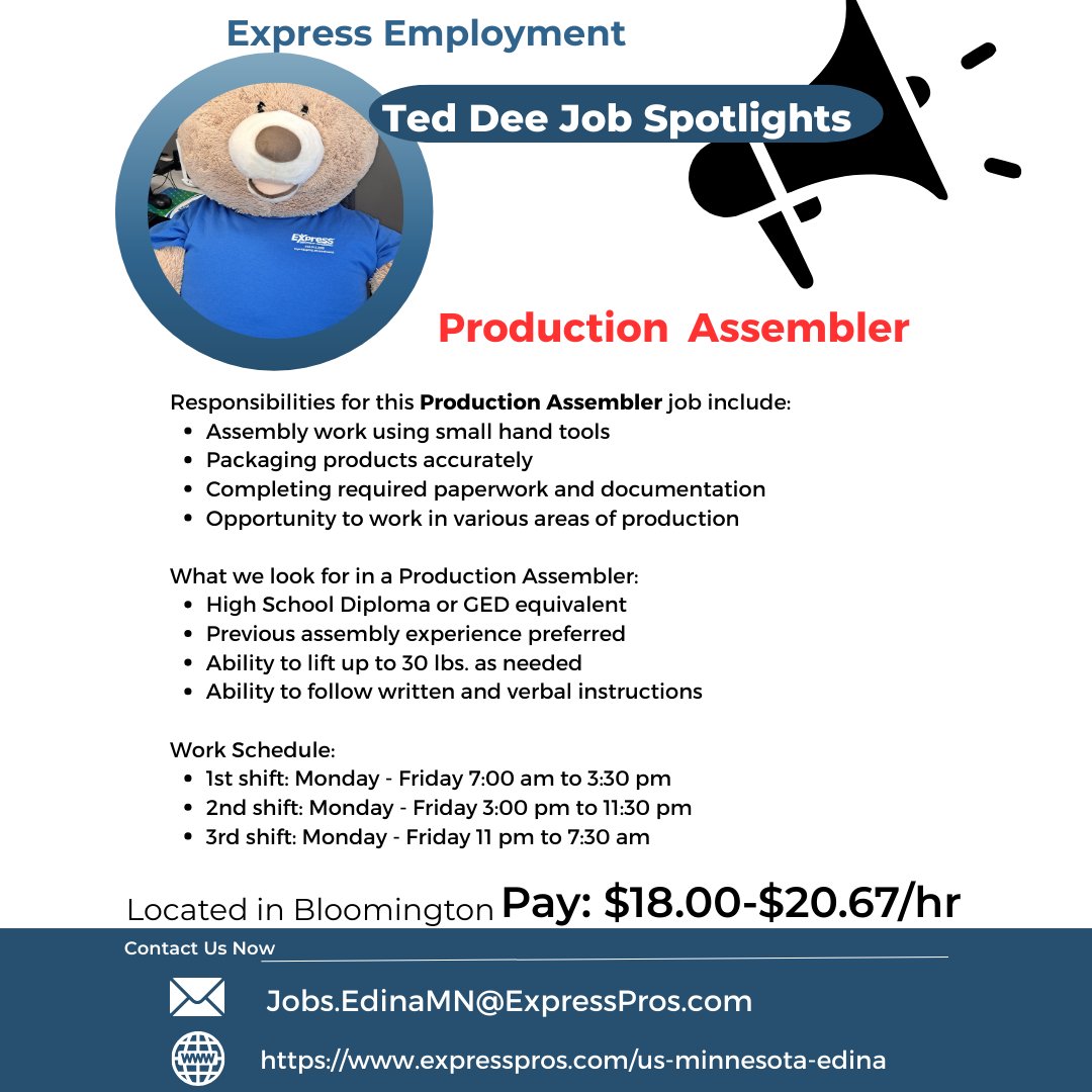 🔧 Now Hiring: Production Assemblers – All Shifts Available! 🔧

Looking for steady work with great opportunities? We’re hiring Production Assemblers for all shifts! Build your career with a reliable team and competitive pay.

📍 Location:... ExpressPros.com/EdinaMN
📞