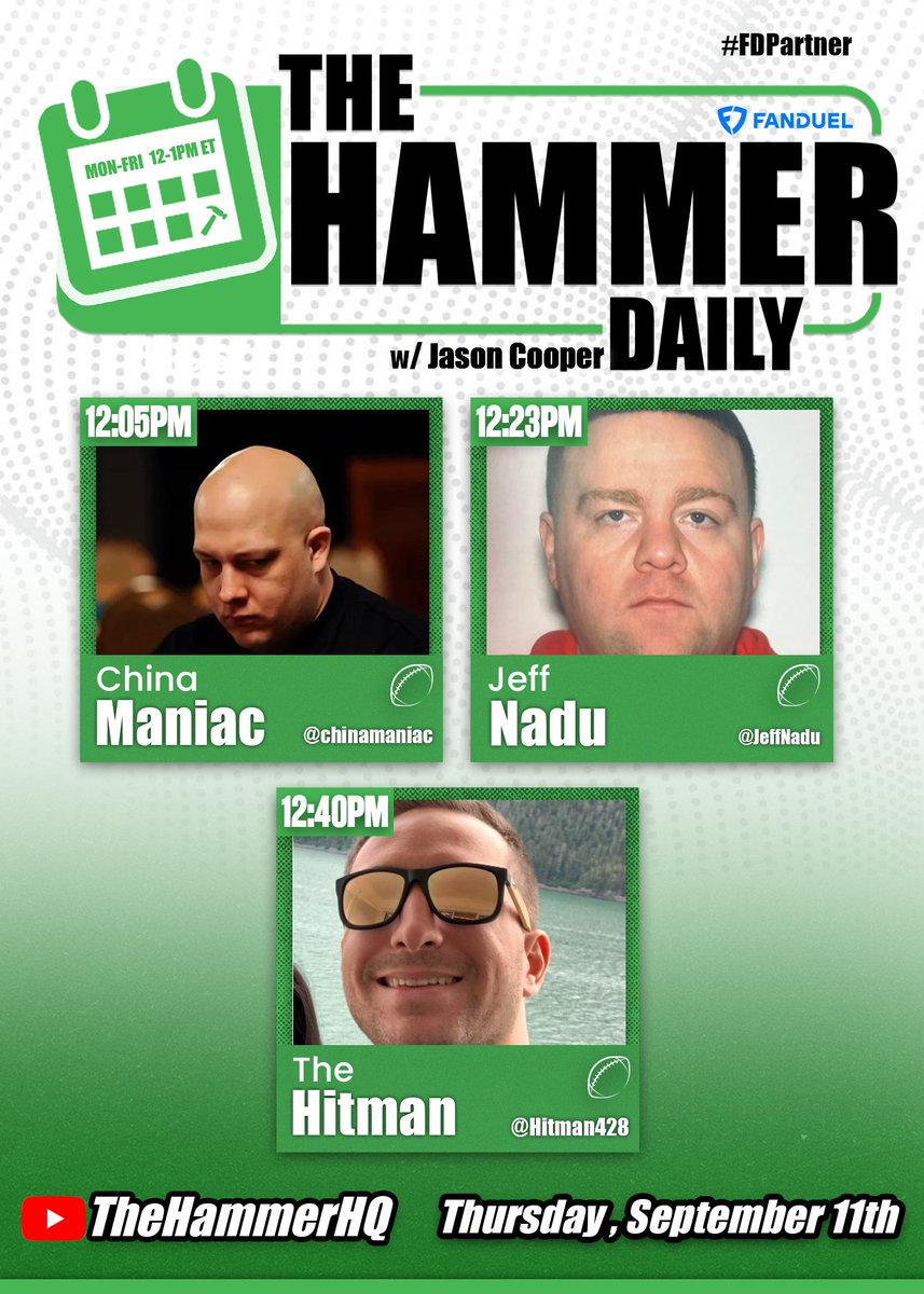 Hammer Daily - The one where they all talk about football, hosted by <a href="/TakesByJ/">Jason</a> 🏈

<a href="/chinamaniac/">china</a> | <a href="/JeffNadu/">Jeff Nadu</a> | <a href="/Hitman428/">Hitman</a> 

Live at 12pm ET on YouTube🚨
Presented By: <a href="/FDSportsbook/">FanDuel Sportsbook</a>