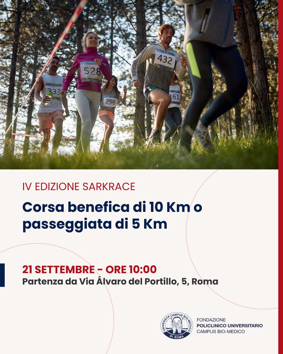 🏃Torna SarkRace, l'iniziativa che unisce #sport e solidarietà a sostegno della #ricerca sui sarcomi dei tessuti molli.

🗓️ Appuntamento domenica 21 settembre alle ore 10 in via Àlvaro del Portillo 5. 

Clicca qui per iscriverti e sostenere la ricerca👉 sarknos.it/iscrizione-sar…