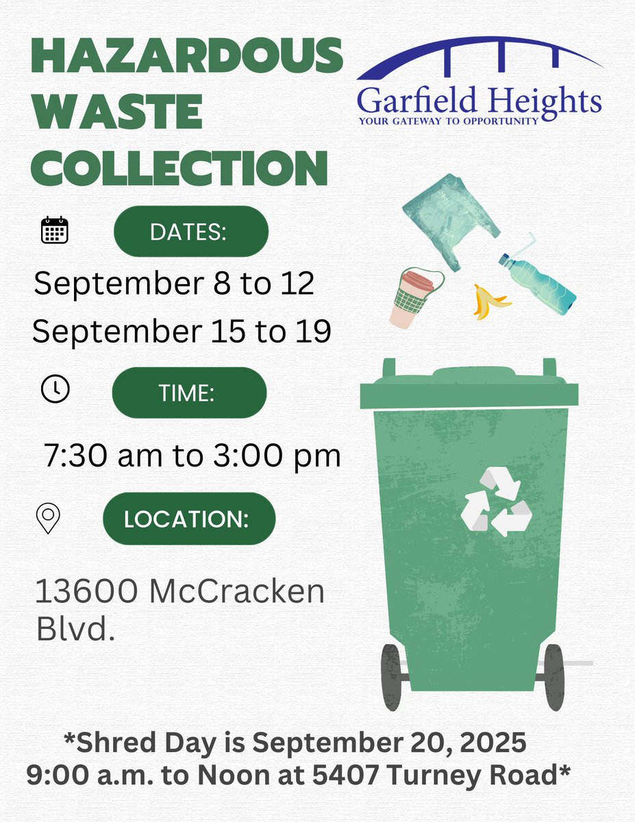 ⚠️ Household Hazardous Waste Collection

Dates:
September 8–12
September 15–19

Time: 7:30 AM – 3:00 PM

Location: 13600 McCracken Boulevard (Service Garage)