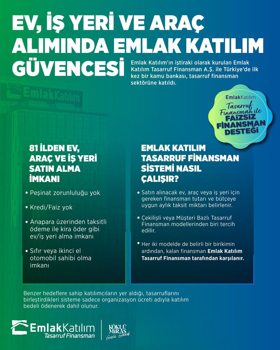 Vatandaşımızı devlet güvencesiyle ev, araba ve iş yeri hayallerine kavuşturacak çok güçlü bir adım atıyor; Emlak Katılım Tasarruf Finansman Sistemi’mizi milletimize kazandırıyoruz!
 
Bu yenilikçi sistemle vatandaşlarımız faizsiz, kendi bütçesine uygun taksitlerle ev, araç veya iş