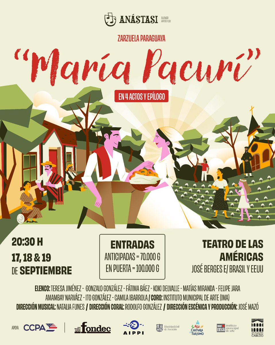 ¡El arte de la zarzuela regresa al escenario! 🎭 El elenco "Anástasi" presenta una obra que te atrapará desde el primer acto: "María Pacuri". 

Sumérgete en esta propuesta en cuatro actos y un epílogo, dirigida por el maestro José Mazó.

 ¡No te quedes sin tu entrada! ✨