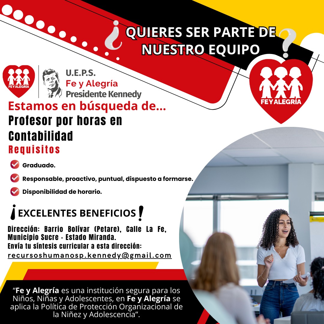 ¡Buscamos talentos! 👊😇😇

Si quieres unirte a Fe y Alegría en el Colegio Presidente Kennedy, estamos en el proceso de captación de talento para docente de aula y Coordinación Pedagógica de Media Técnica. 👊😉

#feyalegría #talento #educación