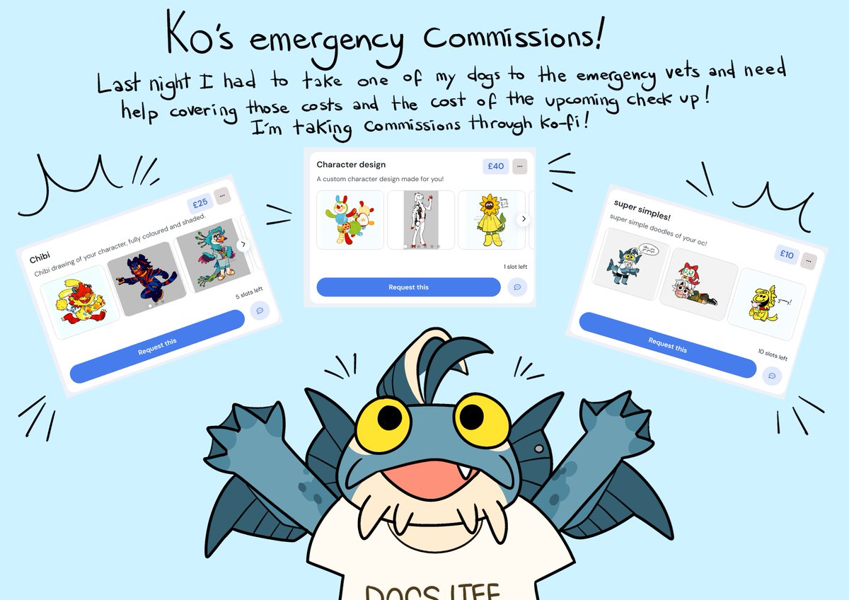 opened up some emergency commissions through ko-fi! link will be in the reply below. sharing would be super helpful thank you!!