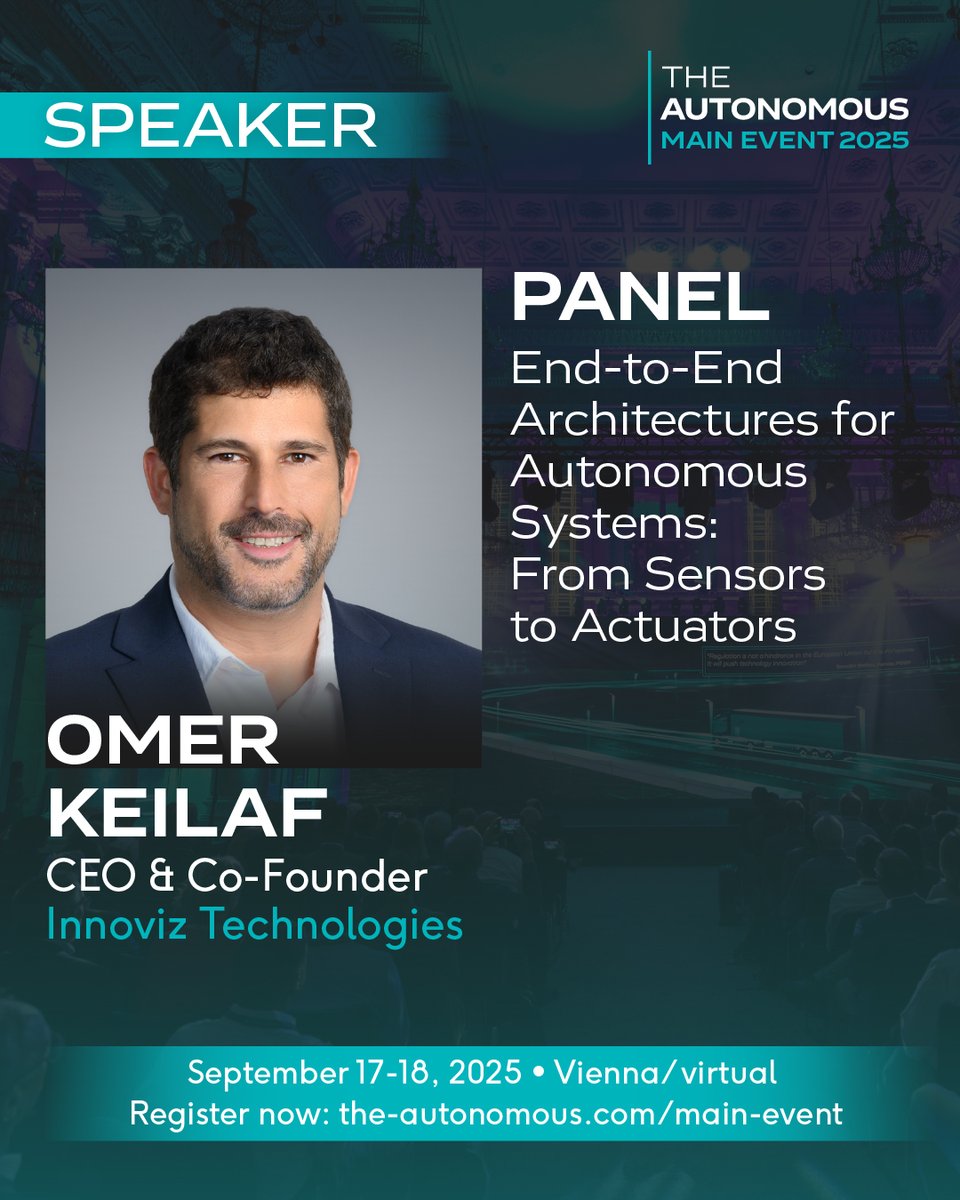 InnovizLiDAR's tweet image. Our CEO &amp;amp; Co-Founder, Omer Keilaf, will join The Autonomous Main Event in Vienna on Sept 18.

Hear his take on how LiDAR is powering safer roads &amp;amp; smarter Autonomous Mobility. 🚘

👉 Tickets: bit.ly/4n1S3Zw

#TheAutonomousMainEvent #AutonomousMobility #AutonomousDriving