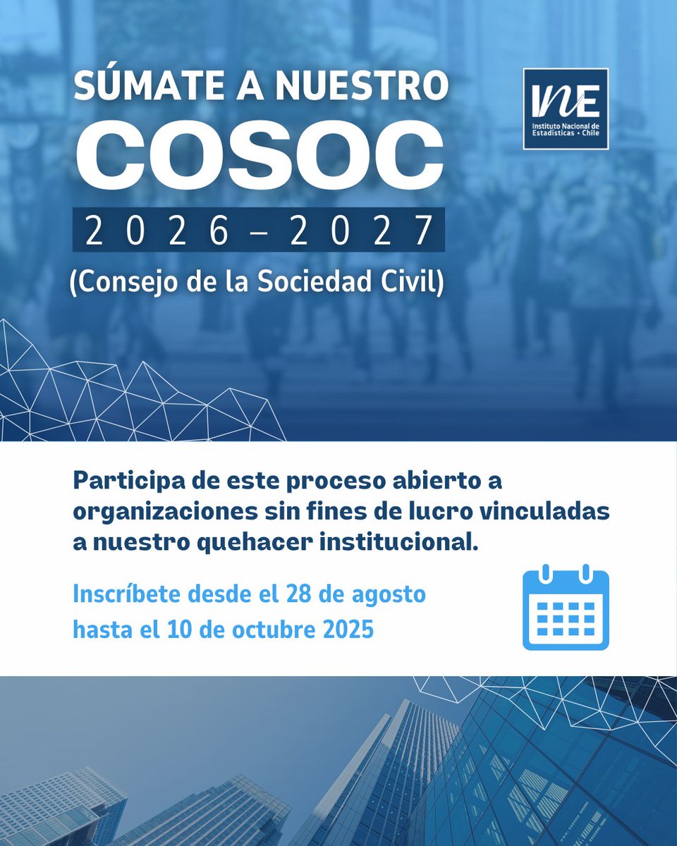 Súmate al COSOC (Consejo de la Sociedad Civil) del Instituto Nacional de Estadísticas, en este proceso abierto a organizaciones sin fines de lucro vinculadas a nuestro quehacer institucional.
Más información en tinyurl.com/4yt5fmdu