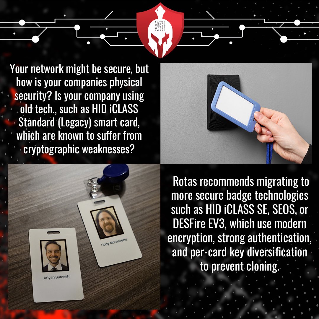 rotassec's tweet image. After watching our video from earlier in the week, we’re you left wondering if your company’s badge could be easily cloned? Check out the graphic to see how your badges stack up. #physicalsecurity #pentesting #badgecloning