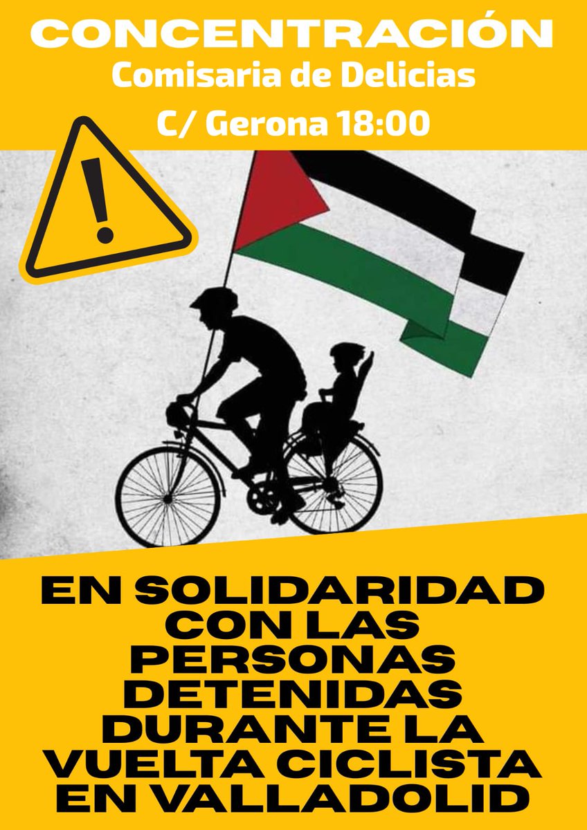 ‼️Concentración de urgencia ante las detenciones durante la vuelta ciclista en Valladolid.
Nos vemos a las 18:00h en la Comisaria de Delicias.