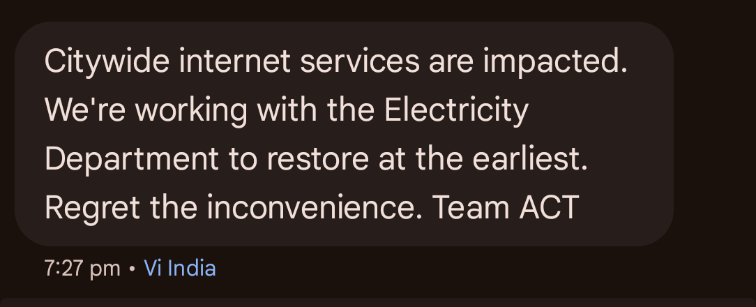 The_GentleManX's tweet photo. “ACT Fiber tagline should be: Fastest internet in India… when it decides to work. ⚡ #ACTDown #internetdown #Hyderabad #ACTFibernetIssue https://t.co/U7mz57jpDR