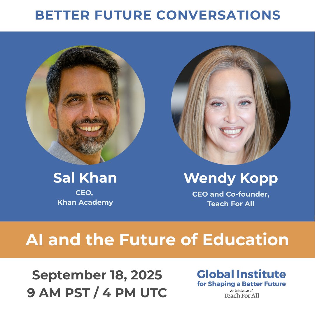 TEACH4UG's tweet image. AI is reshaping education and the questions it raises are urgent. Join @wendykopp &amp;amp; Sal Khan as they explore what the future of learning looks like in an AI-driven world.

📅 Sept 18 | ⏰ 4PM UTC
tfaforms.com/5192584

#AIinEducation #BetterFutureConversations #TeachForAll