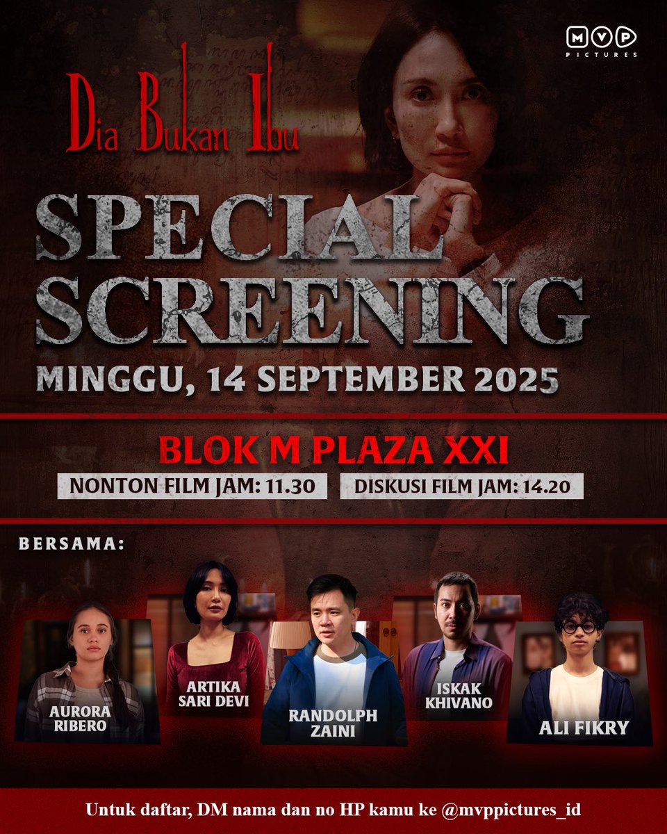 Buat yang penasaran film dan balik layar film Dia Bukan Ibu. Yuk, nonton duluan bareng semua cast, kak Artika Sari Devi, Iskak Khivano, Aurora Ribero, Ali Fikry &amp; sutradara Randolph Zaini

Bisa langsung ngobrol dan kepoin semua proses pembuatan filmnya bareng mereka!  

Gas