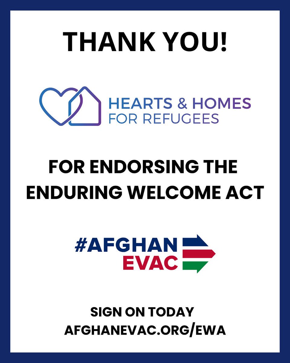 🚨 Big news: <a href="/HHRefugees/">Hearts & Homes for Refugees</a> has officially endorsed the #EnduringWelcomeAct!

Together, we’re working to ensure America keeps its promise to our Afghan allies.

Join us ➡️ afghanevac.org/ewa
#AfghanEvac