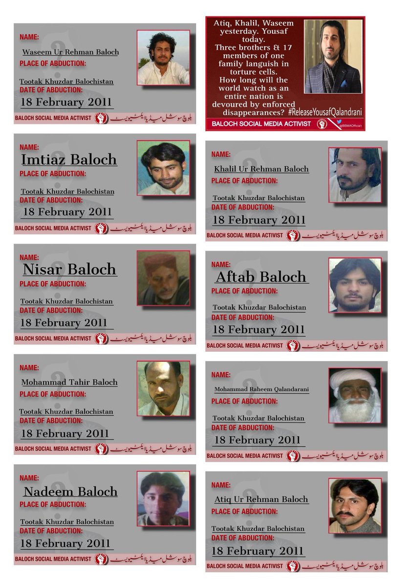 ایک ہی خانوادے کے فرزند ایک ہی آشیانے کے مکین  معلوم نہیں کن اذیت ناک زندانوں میں مقید ہیں ان کا جرم آخر کیا ہے؟ یہ کہ انہوں نے امن کی تمنا کی یہ کہ انہوں نے اپنی دھرتی بالخصوص سرزمینِ توتک، کو ڈیٹھ اسکواڈز کی آماجگاہ بننے سے روکنے کی جسارت کی
اور اسی جسارت کے عوض آج وہ پورا