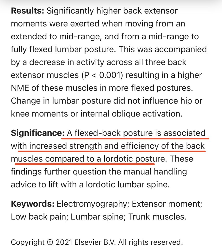 Flexed lumbar spine postures are associated with greater strength and efficiency than lordotic postures during a maximal lift in pain-free individuals pubmed.ncbi.nlm.nih.gov/33799053/#:~:t….