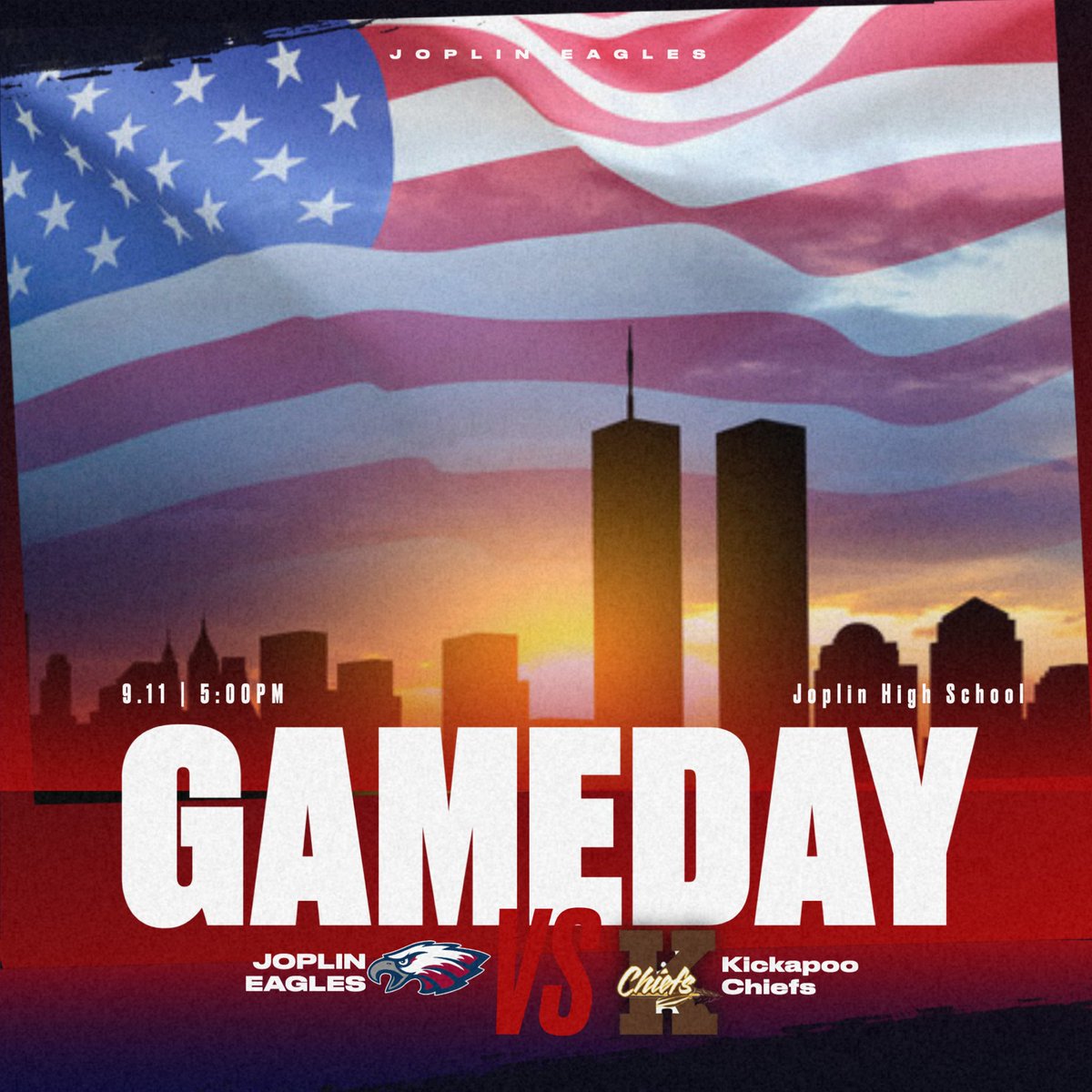 JHSEagle's tweet photo. Come join us for our first home game of the season to take on the Kickapoo Chiefs! 

Let’s take a few minutes out of our day to honor all those who lost their lives on 9/11/2001. https://t.co/HuEo0fk1PQ