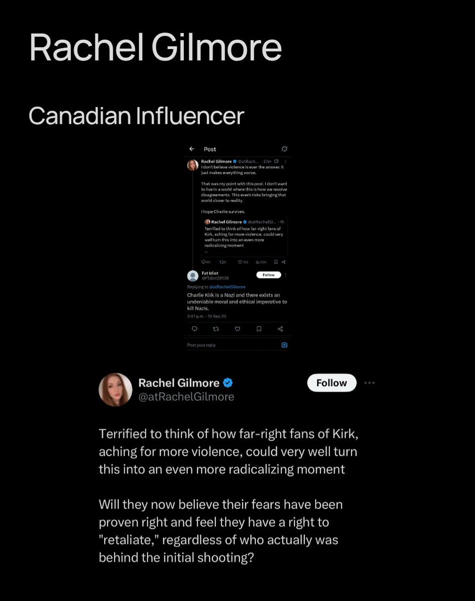 A website dedicated to tracking the people celebrating Charlie Kirk's death is live

charliesmurderers.com

Far left Canadian YouTuber Rachel Gilmore is the first disgusting post you see on their website

They wanted attention. CONTINUE MAKING THEM FAMOUS