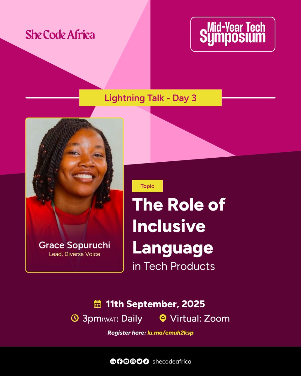 DuchessCodes's tweet image. 💜 FINAL day of the 2025 Mid-Year Tech Symposium @SheCodeAfrica 

 “Visibility isn’t bragging. It’s giving your work the opportunity to be appreciated.”

Excited for today’s wrap-up! 
#TechSymposium #WomenInTech