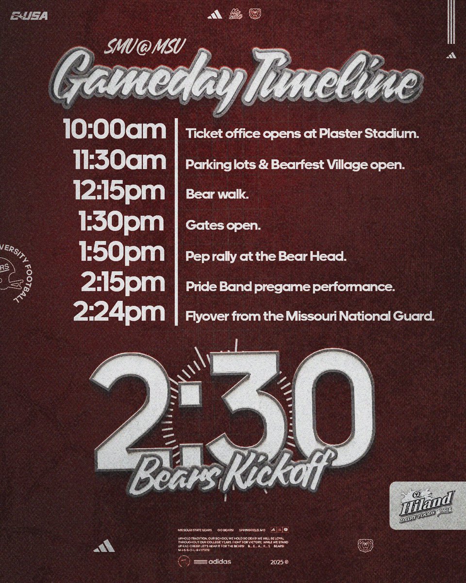 Avoid the rush. Gates open at 1:30 p.m. 🐻

Arrive early for the Pride Band pre-game performance, a special flyover and the enhanced team entrance!

🎟️ tinyurl.com/mp5zzh2

#GoBears | #WeAreMoState