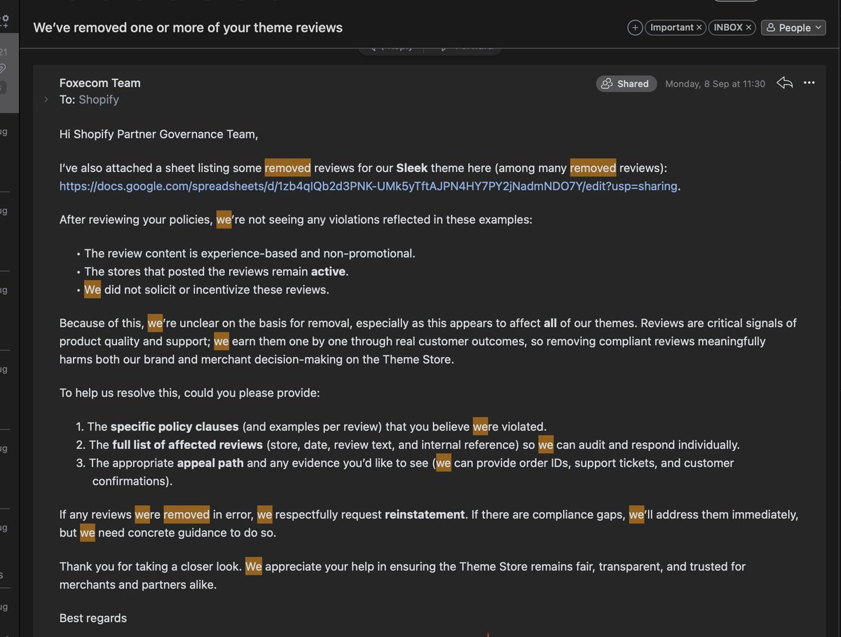 We discussed the matter with the Shopify Partner Governance team, and they determined that the reviews were removed due to policy violations. Upon requesting further clarification, they explained that the reviews were allegedly posted by members of our team using collaboration