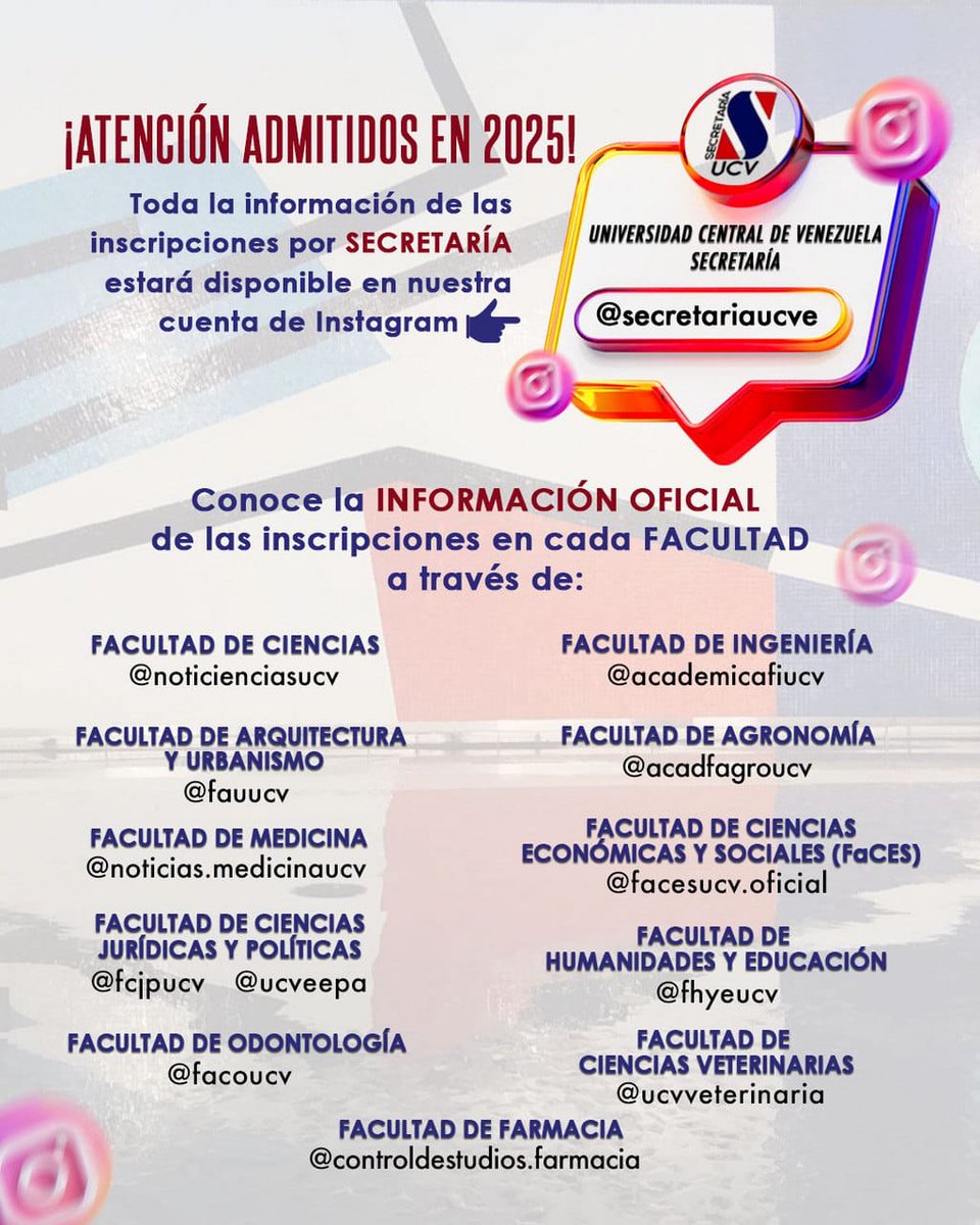 ¡Atención admitidos a la UCV en 2025

Te ponemos a disposición las vías de comunicación para información relacionada con el proceso de inscripción de este año!

Repost IG @secretariaucve

#UCV #SECRETARIA #INGRESO #INSCRIPCIONES