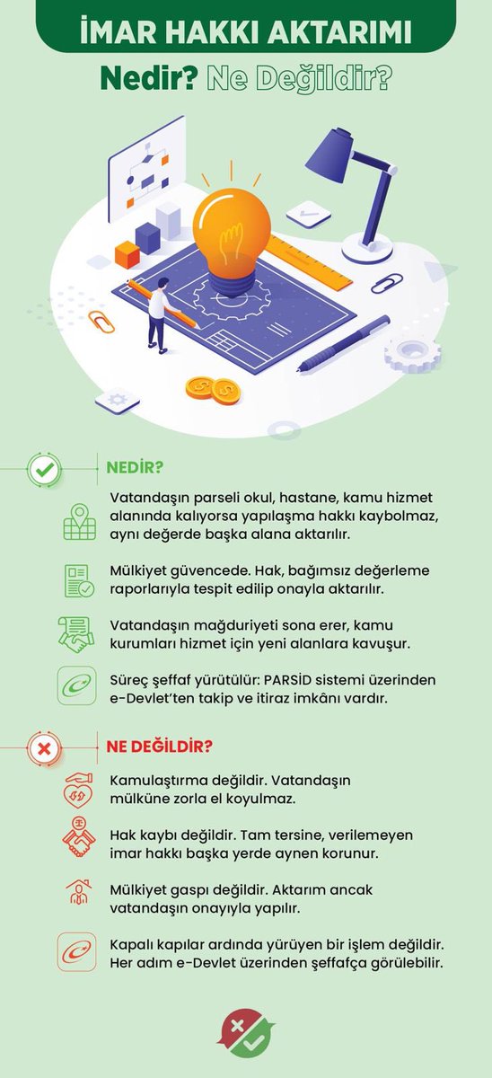 İMAR HAKKI AKTARIMI

✅ Nedir? Parseli kamu alanında kalan vatandaşın hakkı aynı değerde başka alana aktarılır, mülkiyet güvencede, süreç e-Devlet’ten takip edilir.

❌ Ne değildir? Kamulaştırma, hak kaybı, mülkiyet gaspı değil.

Çevre, Şehircilik ve İklim Değişikliği Bakanlığı |