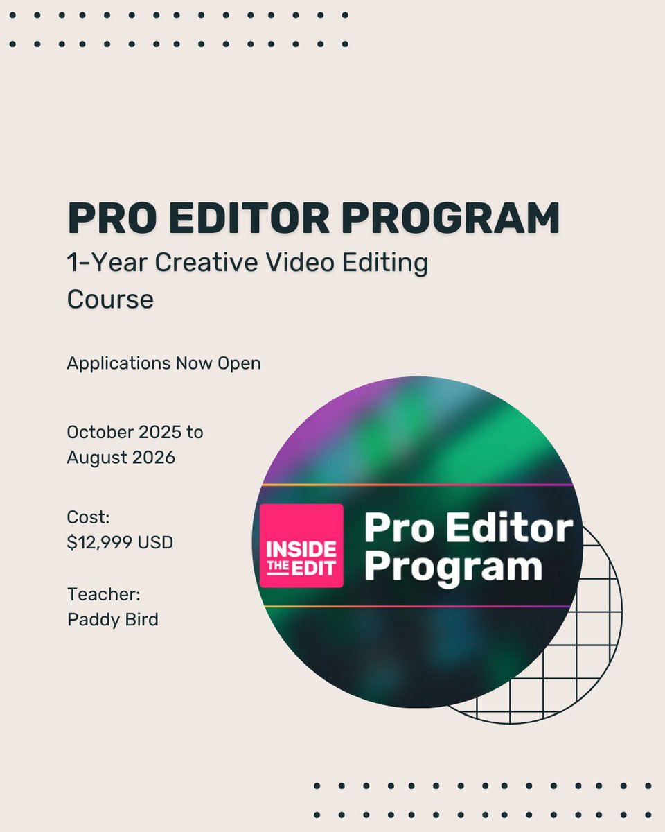 Inside The Edit (@insidetheedit) on Twitter photo Applications for the Pro Editor Programme close Sept 25.
A 1-year course for editors & filmmakers who want to sharpen storytelling instincts and get high-level feedback on every cut.
📥 Download the prospectus & start your application: insidetheedit.com/pro-editor-pro… Applications for the Pro Editor Programme close Sept 25.
A 1-year course for editors & filmmakers who want to sharpen storytelling instincts and get high-level feedback on every cut.
📥 Download the prospectus & start your application: insidetheedit.com/pro-editor-pro…