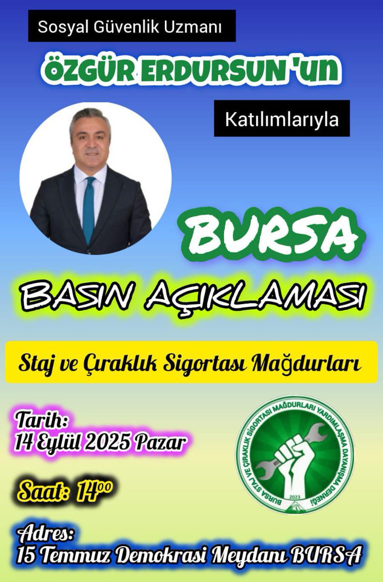 <a href="/ozgurerdursun/">Özgür Erdursun</a>
TÜM MAĞDURLARI BEKLİYORUZ!

🗓 Tarih: 14 Eylül 2025
⏰ Saat: 14:00
📍 Yer: Bursa Demokrasi Meydanı

Bu çağrı,yalnızca bir toplantı değil bu bir direnişin,umudun ve zafer yolunda atılan ilk adımın ilanıdır.

Beyannamenize Sadık Kalın
#ÇırakStajyereSözVereli15YılOldu