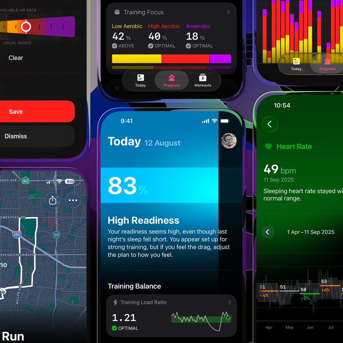 A set of in-app screenshots of the app placed one next to the other, incorporating the new iOS 26 features like Liquid Glass.