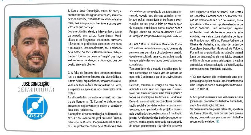 CdsGondomar's tweet photo. Entrevista a José Conceição, candidato a Presidente da U.F. Gondomar Valbom Jovim, que saiu no @jvivacidade. 
5 perguntas:   
-Apresentação  
-Quais as necessidades da U.F. a q se candidata?   
-Q soluções apresenta?   
-Com q Partidos faria Coligação?   
-Mensagem final. https://t.co/s6QBzXMFDz