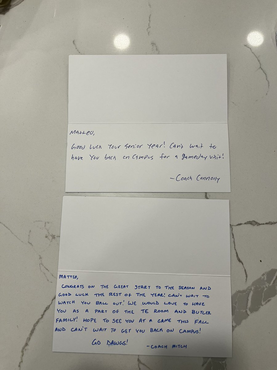 Thank you <a href="/ButlerUFootball/">Butler Football</a> for the cards. I can’t wait to be back this October for a game! 
<a href="/FBCoachMitch/">Coach Alex Mitchell</a> 
<a href="/CoachBelfiori/">JORDAN BELFIORI</a> 
<a href="/USFootball1890/">University School FB</a> 
<a href="/DaleRodick/">Dale Rodick II</a> 
<a href="/GCam1/">Twin</a> 
<a href="/TheJoeEwell/">Joe Ewell</a>