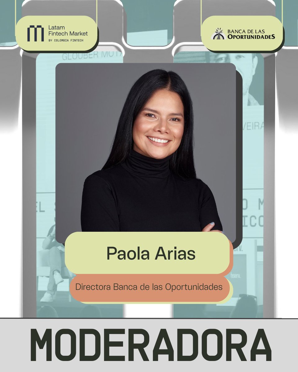 Hoy en Barranquilla, en el #LatamFintechMarket2025, Paola Arias, directora de <a href="/BOportunidades/">Banca de las Oportunidades</a>, modera el panel: 💬“¿Incumbentes y desafiantes? El futuro del sistema financiero en Colombia”.

Un diálogo sobre #innovación, #inclusión y el futuro del ecosistema #financiero del país.