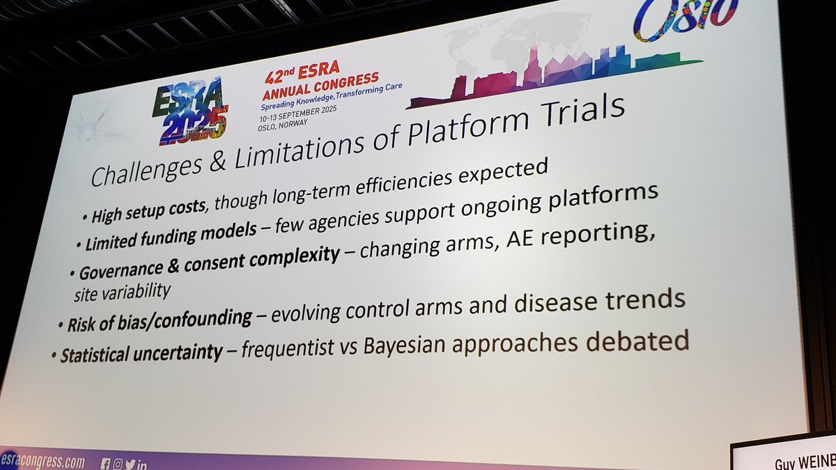 Ed Mariano, MD, MAS, FASA, FASRA 🇺🇸🇵🇭 (@emarianomd) on Twitter photo Dr Uppal <a href="/Ropivacaine/">Dr. Vishal Uppal MBBS, FRCA 🇨🇦🇮🇳🏴</a> explains platform trials #ESRA2025 
Reference from <a href="/BJAJournals/">British Journal of Anaesthesia</a>: bjanaesthesia.org/article/S0007-… 
Very different from RCT, evolves and can add new treatments, but expensive to set up and potential for bias and confounding Dr Uppal <a href="/Ropivacaine/">Dr. Vishal Uppal MBBS, FRCA 🇨🇦🇮🇳🏴</a> explains platform trials #ESRA2025 
Reference from <a href="/BJAJournals/">British Journal of Anaesthesia</a>: bjanaesthesia.org/article/S0007-… 
Very different from RCT, evolves and can add new treatments, but expensive to set up and potential for bias and confounding