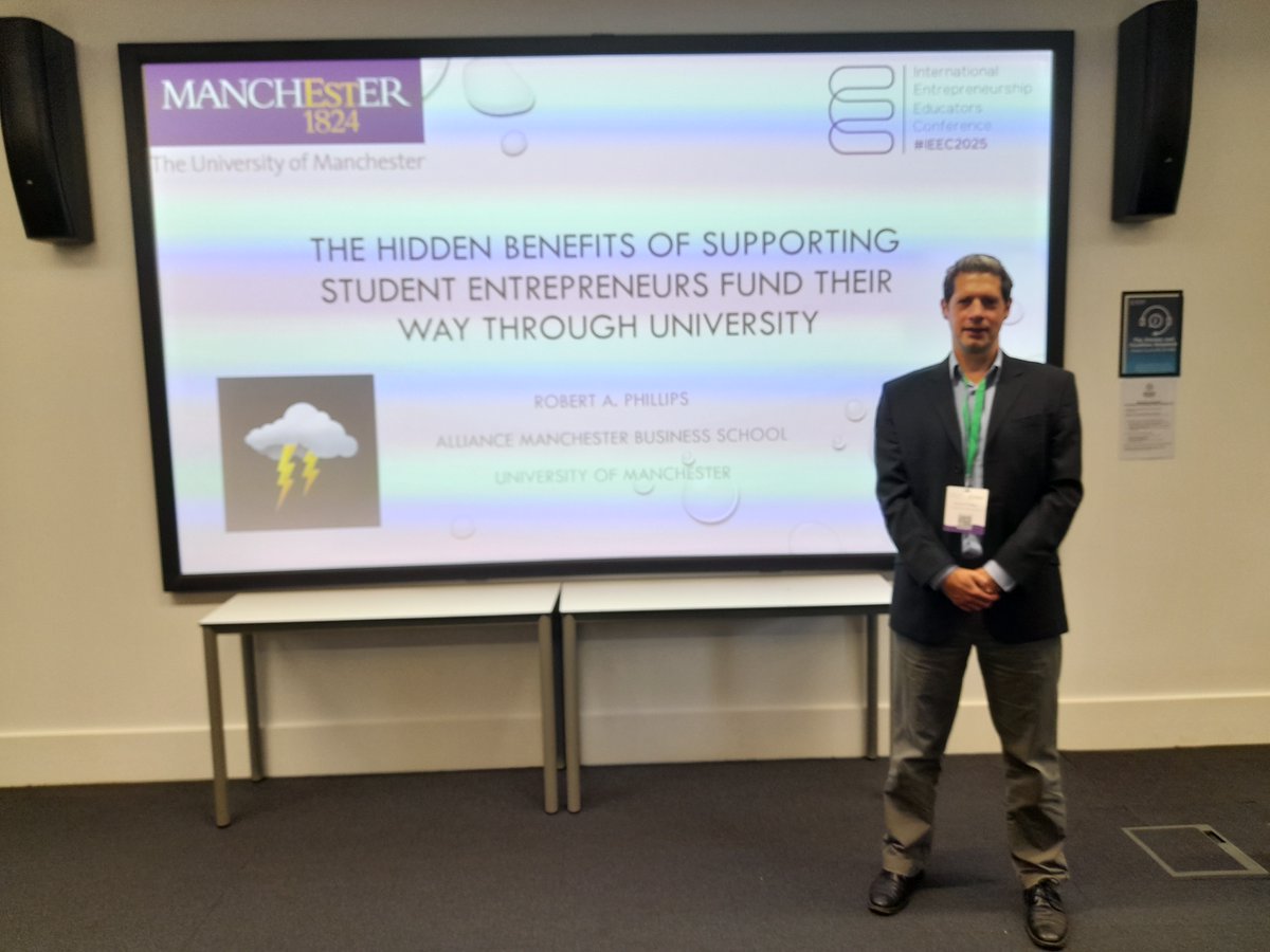 Our colleague <a href="/DrRobPhillips/">Robert A. Phillips</a>  (<a href="/AllianceMBS/">Alliance MBS</a> , <a href="/OfficialUoM/">The University of Manchester</a>) presented “The Hidden Benefits of Supporting Student Entrepreneurs Fund Their Way Through University” at #IEEC2025  today🚀

#EnterpriseEducation #Entrepreneurship #FutureOfEducation