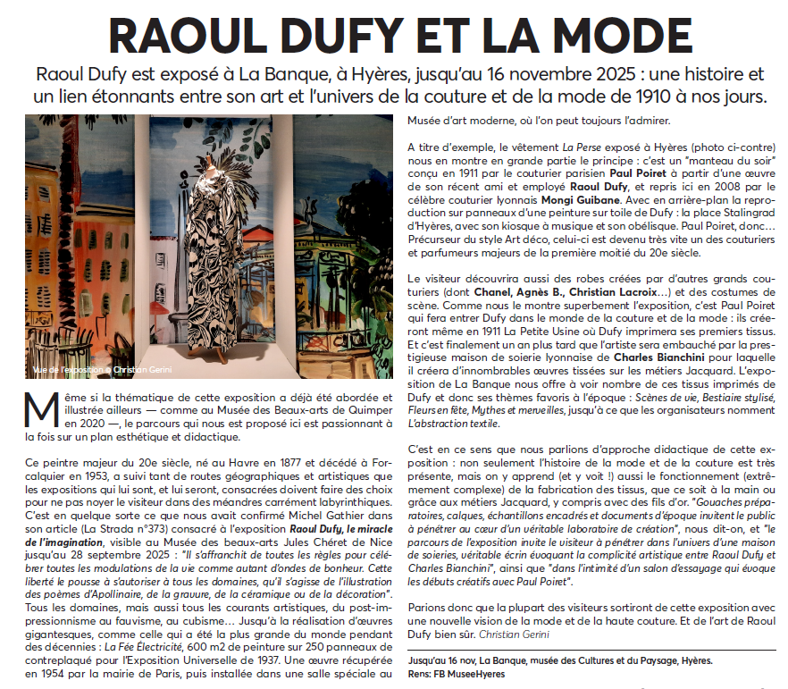 MuseeHyeres's tweet photo. 📰 Ce mois-ci, l’exposition "Raoul Dufy et la mode" apparait dans le magazine La Strada grâce à l’article de Christian Gerini⤵️

Pour continuer votre lecture : https://t.co/9VKHh5UhgO

👉L'exposition "Raoul Dufy et la mode" est visible jusqu'au 16 novembre. https://t.co/nuy3Bq0Wph
