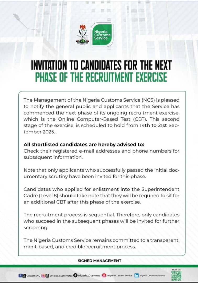 Nigeria Customs Service Reaffirms Transparency in its ongoing recruitment exercise 

<a href="/CustomsNG/">NIGERIA CUSTOMS</a>