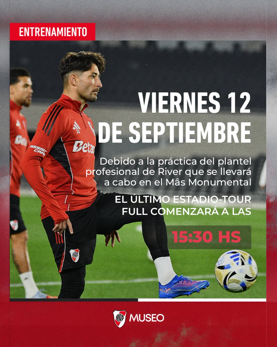 📣 [𝗜𝗠𝗣𝗢𝗥𝗧𝗔𝗡𝗧𝗘] Horarios del Museo River para el viernes 12 de septiembre 🏛📆

🕙 Apertura: 10:00 hs.
🏟 Último Estadio-Tour Full: 15:30 hs.
💺 Última Visita Express: 15:45 hs.
🕖 Cierre: 19:00 hs.