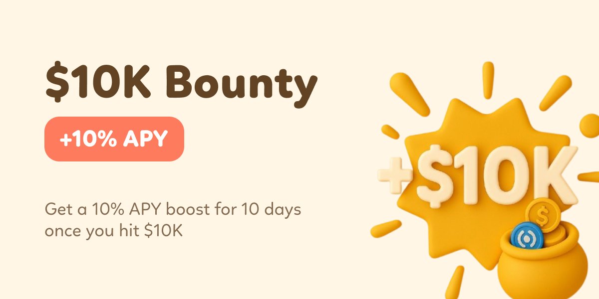 The $10K Bounty is here.

$10K+ balances are now rewarded with 10% APY boost for 10 days.

Time to put your money to work.