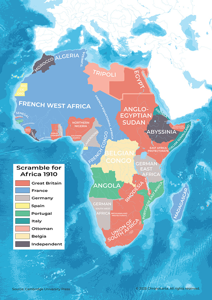By 1910 Africa was almost completely split between European powers.

Only small independent pockets remained.

Only four years later WWI broke out.